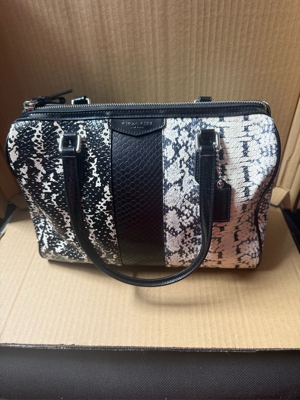 Coach Black & White Snake-Print Satchel with Leather Trim